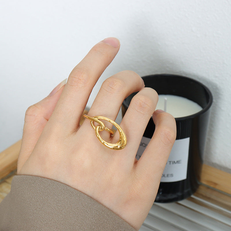 18K gold minimalist fashion geometric oval special-shaped stitching design ring - Syble's