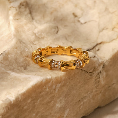 18K Gold Plated White Diamond Bamboo Ring - Syble's