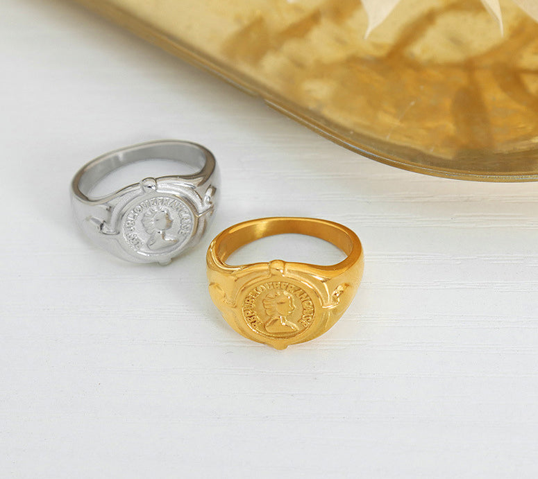 18K gold noble and elegant portrait relief design versatile ring - Syble's