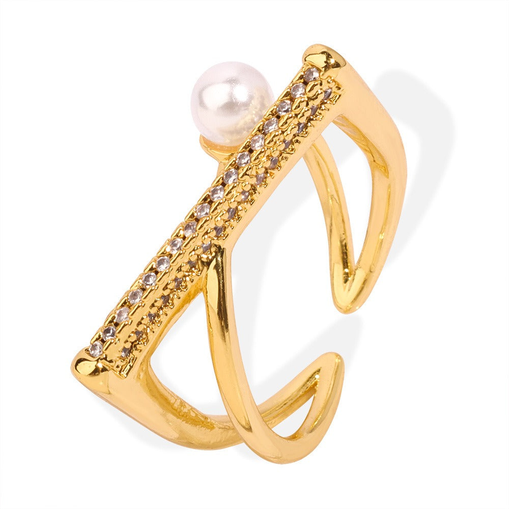 18K gold simple and elegant geometric inlaid zircon and pearl design ring
