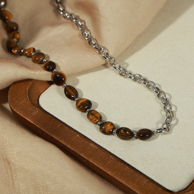 Retro fashion tiger eye stone beads with O-shaped chain design hand jewelry necklace set