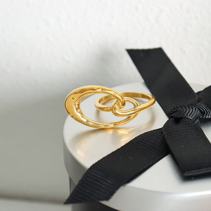 18K gold minimalist fashion geometric oval special-shaped stitching design ring - Syble's