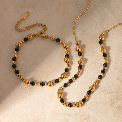 Light luxury noble round beads with black agate bead string design necklace bracelet set