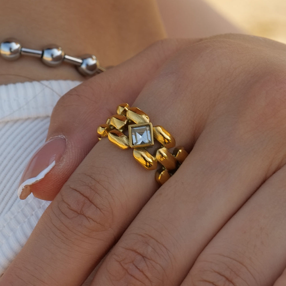 18K gold trendy personalized inlaid square zircon design ring - Syble's