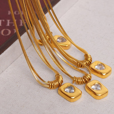 18K gold fashionable retro double-layer snake bone chain with love design light luxury style necklace