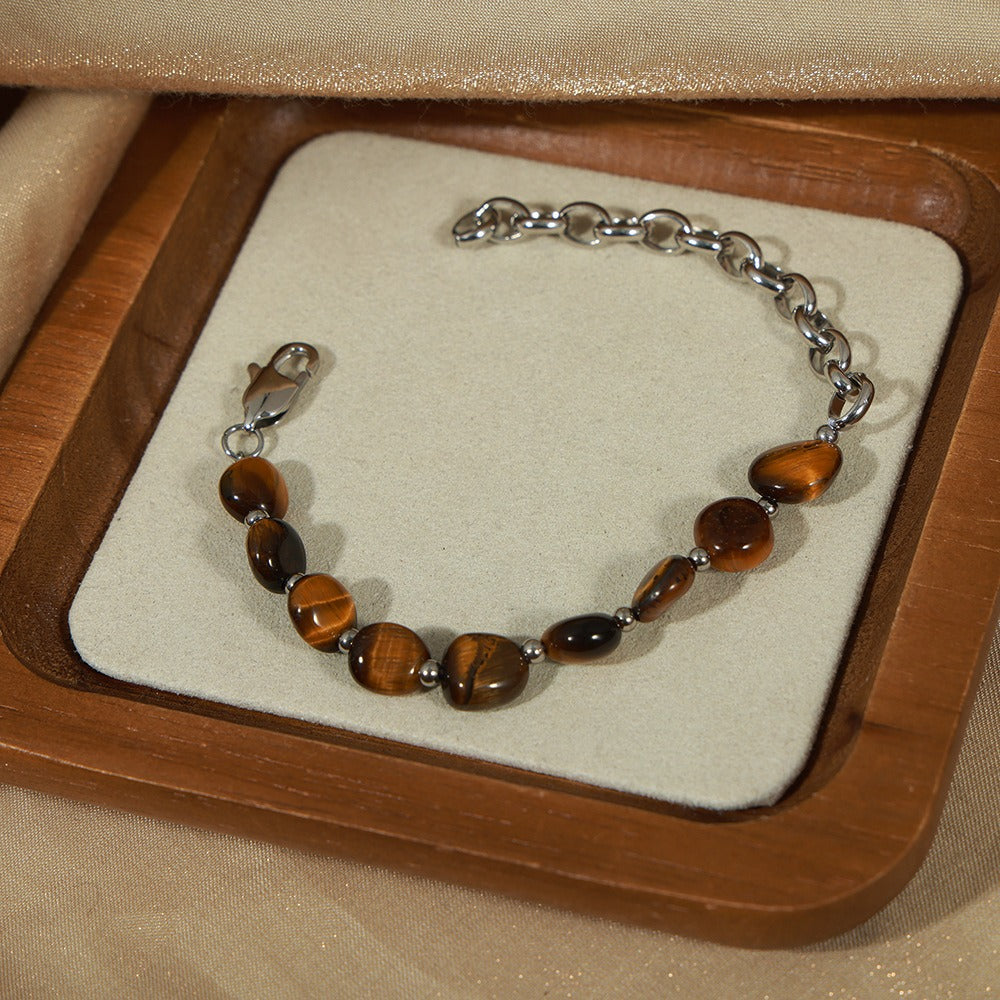 Retro fashion tiger eye stone beads with O-shaped chain design hand jewelry necklace set