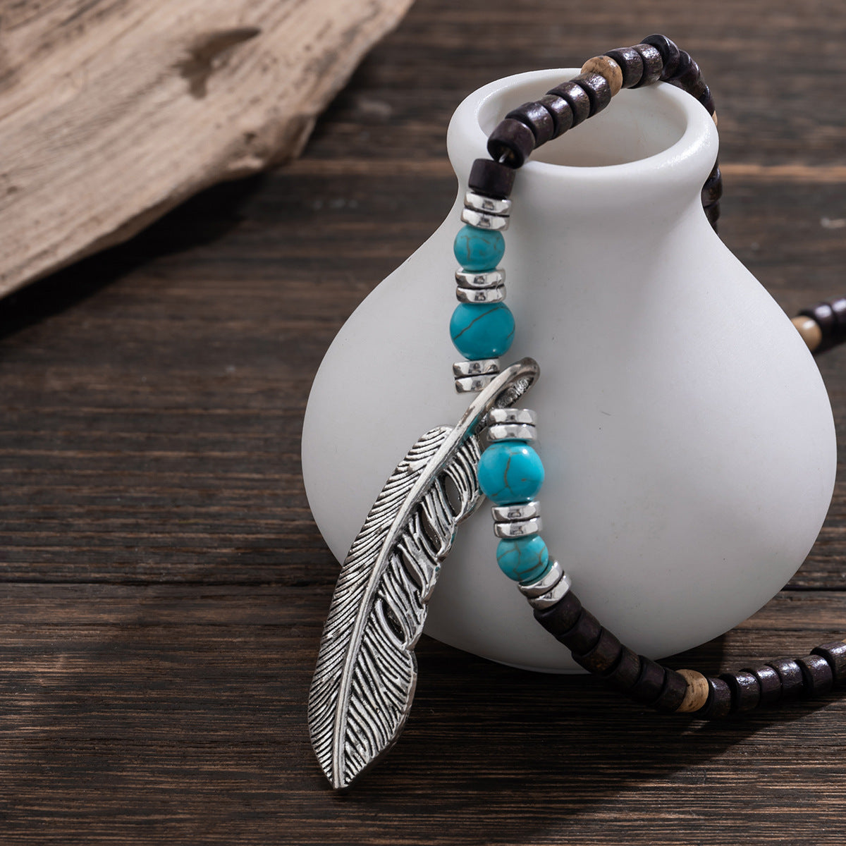 Exquisite and trendy mosaic wooden beads and turquoise with feather design pendant necklace - Syble's