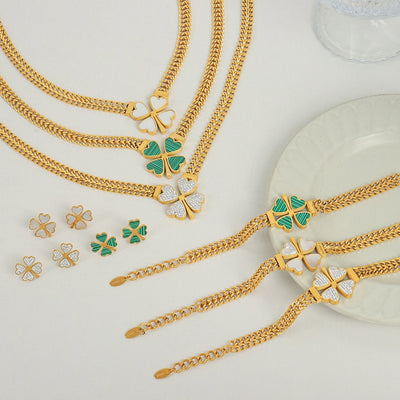 Gold exquisite and fashionable four-leaf clover flower inlaid with gemstone design pastoral style necklace bracelet earrings set