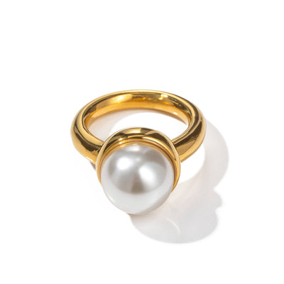 Gold Classic Simple Inlaid Pearl Design Ring - Syble's