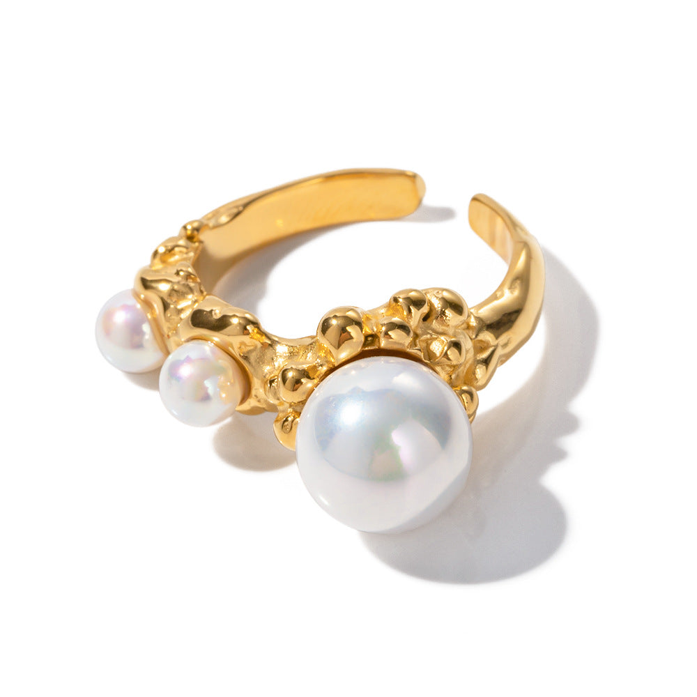 18K Gold Exquisite Noble Inlaid Pearl Open Design Ring - Syble's