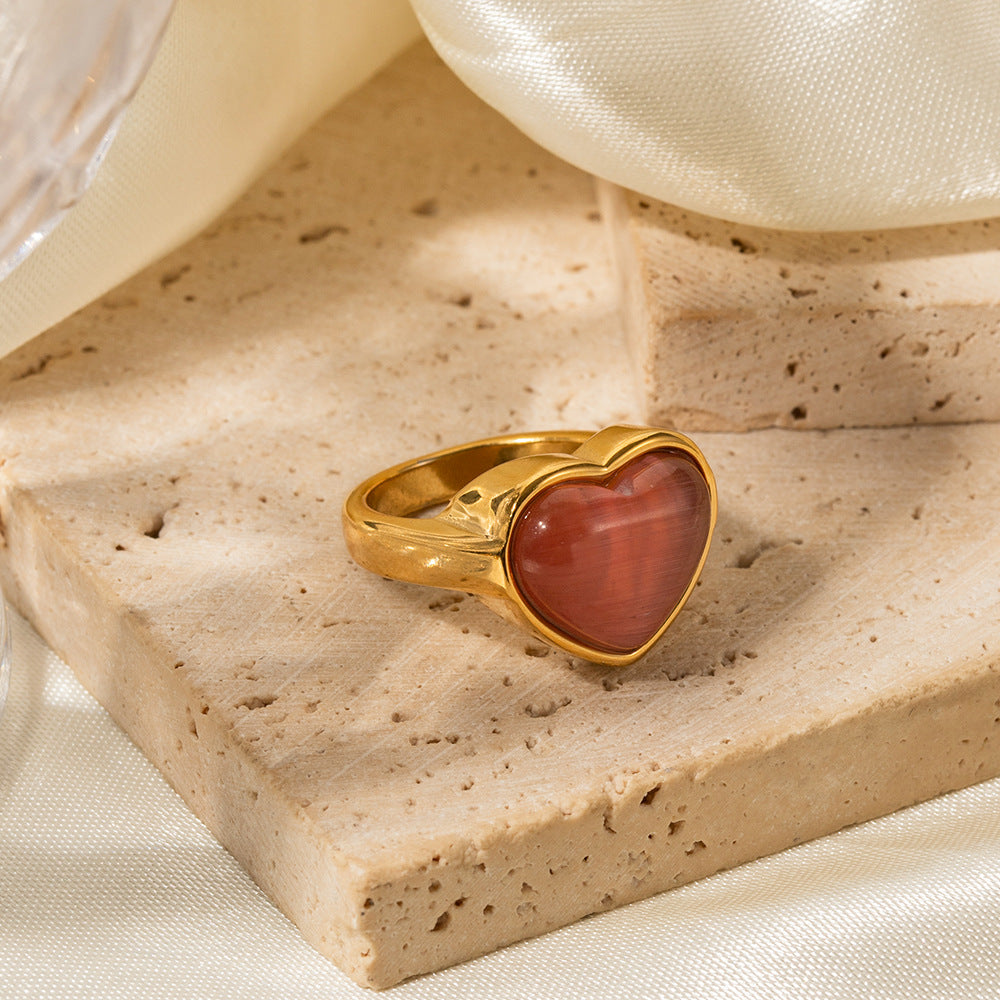 Gold classic Fashionable Love Inlaid Cat's Eye Ring - Syble's
