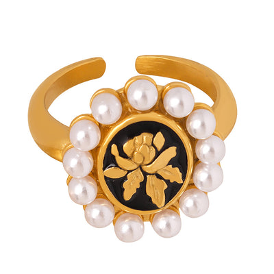 18K gold exquisite noble flower and pearl design light luxury style ring - Syble's