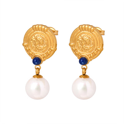18K Gold Fashion Simple Circle Plaque with Pearl Design Versatile Earrings - Syble's