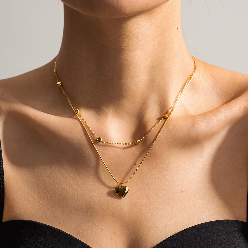 18K Gold Noble Light Luxury Double Layer Matching Heart Design Versatile Necklace