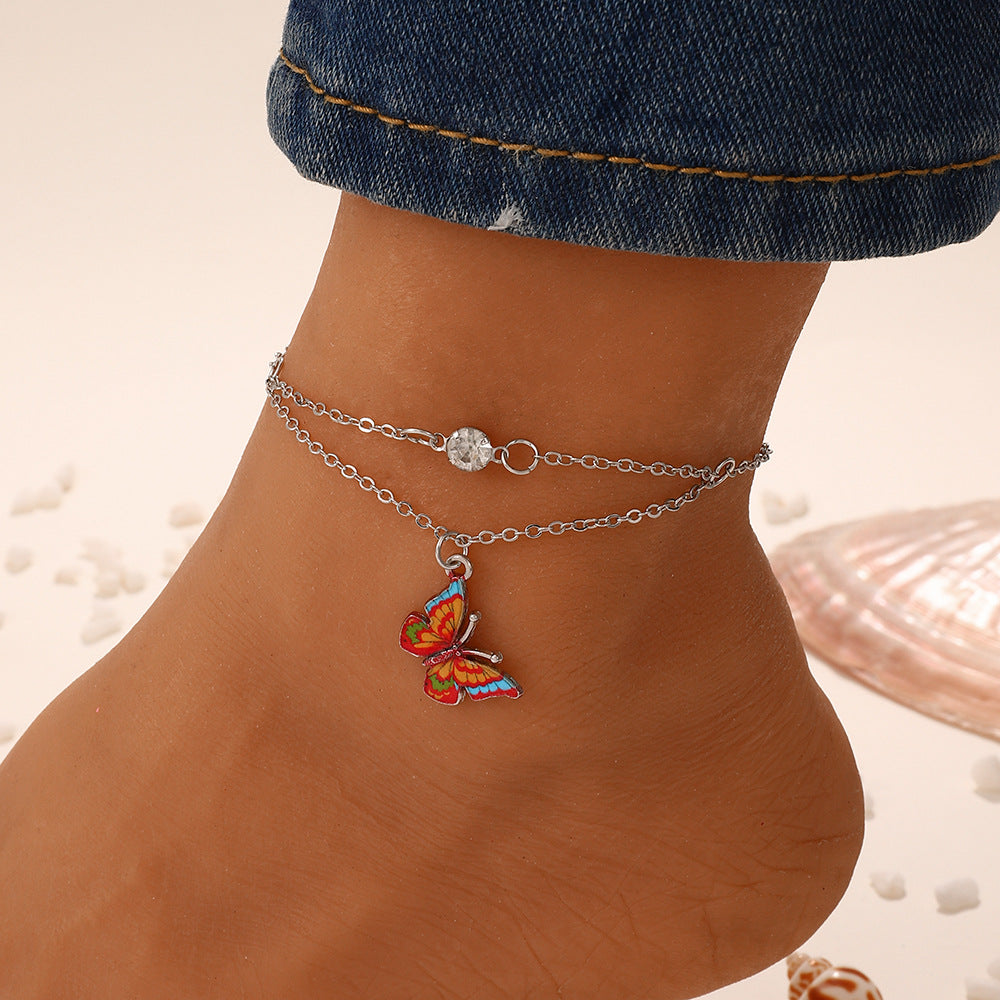 Exquisite and dazzling bohemian style double layer with dreamy butterfly design versatile anklet