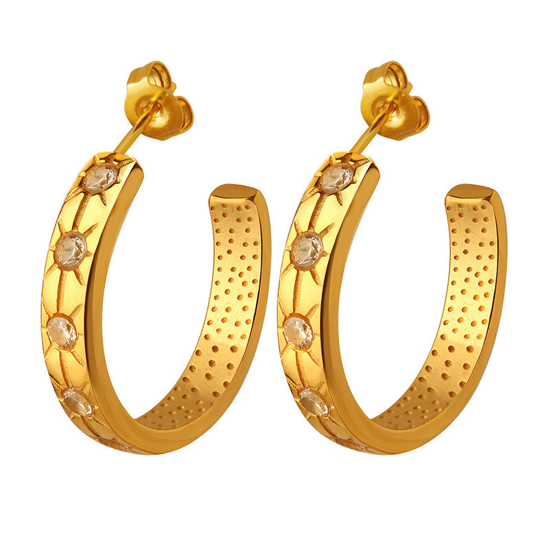 18K Gold Exquisite Dazzling C-shaped Earrings with Star Pattern Inlaid Zircon Design Versatile - Syble's