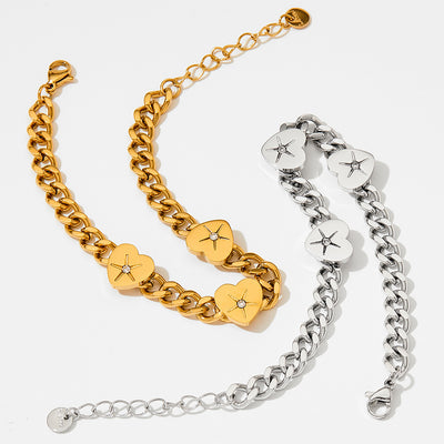 18K gold trendy and fashionable heart-set diamond and Cuban chain design bracelet - Syble's