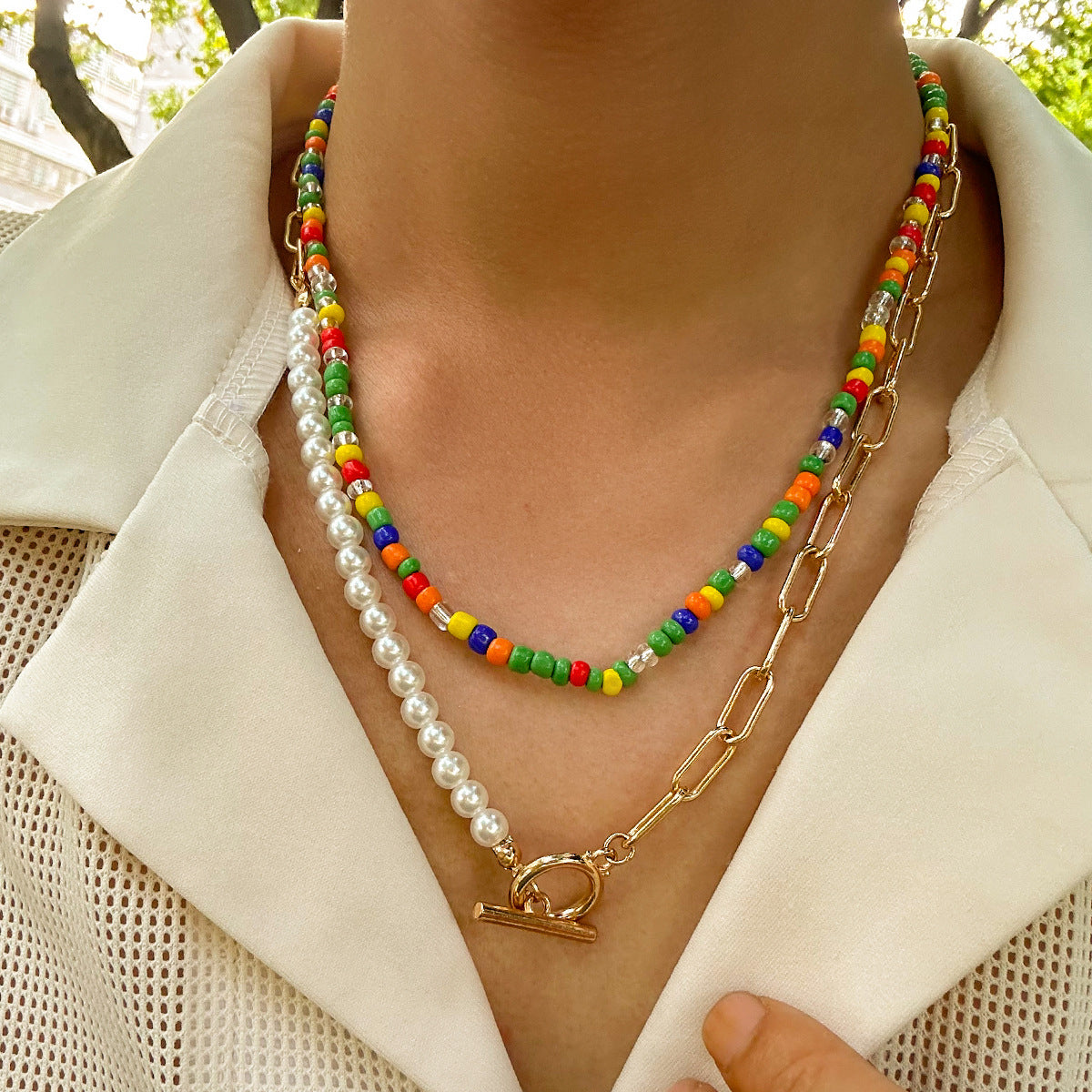 Trendy and fashionable colorful rice beads with pearls and OT buckle double design hip-hop style necklace
