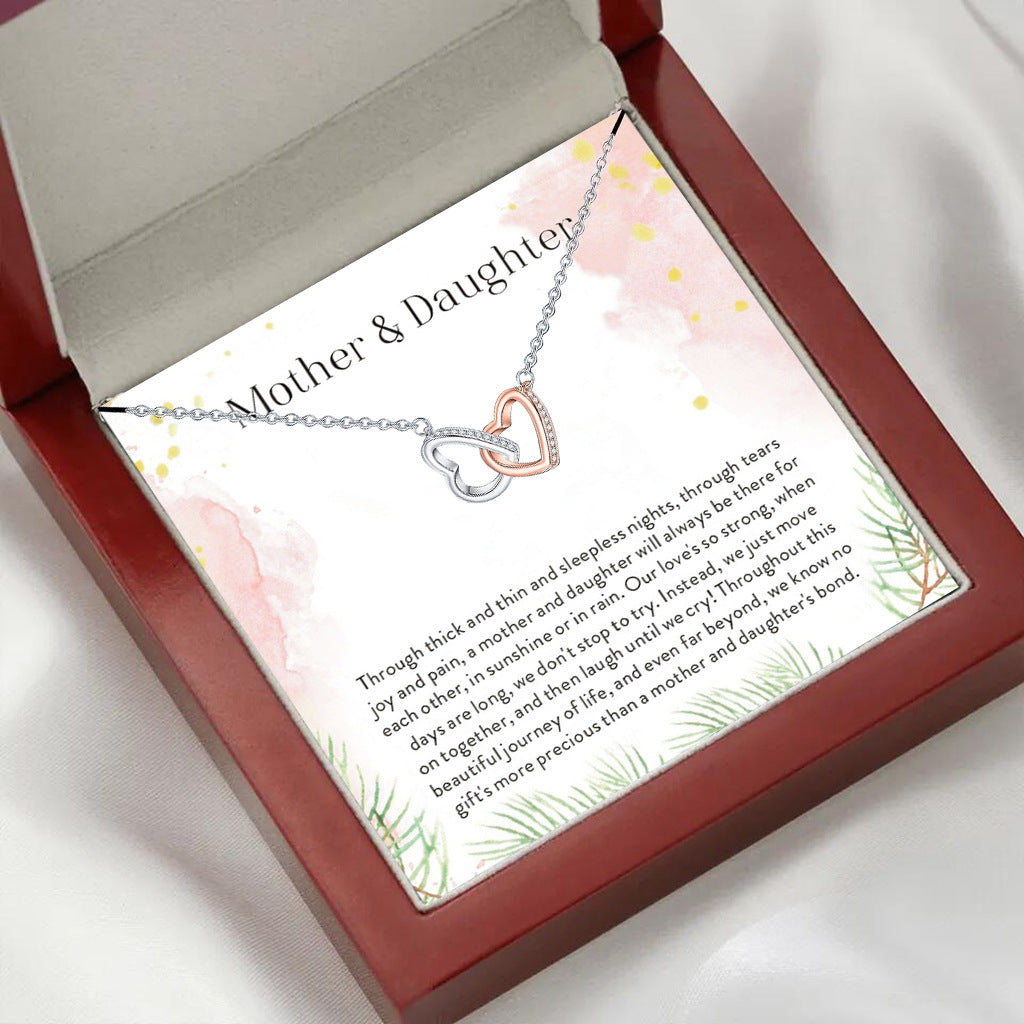 Two-color cutout heart double ring interlocking design gift box necklace for mother or daughter - Syble's