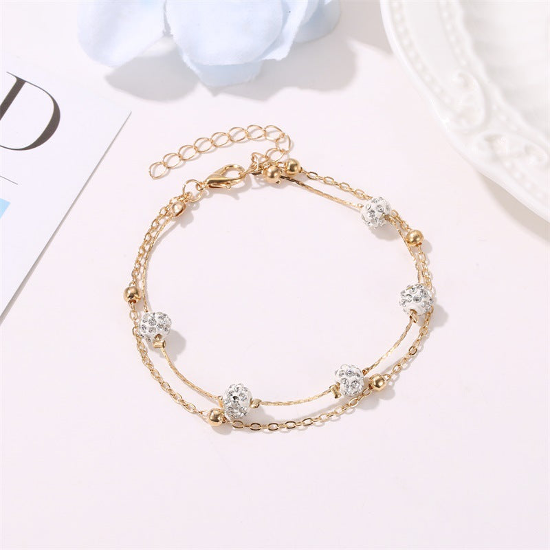 Exquisite and simple double layer with Shambhala diamond ball design versatile anklet