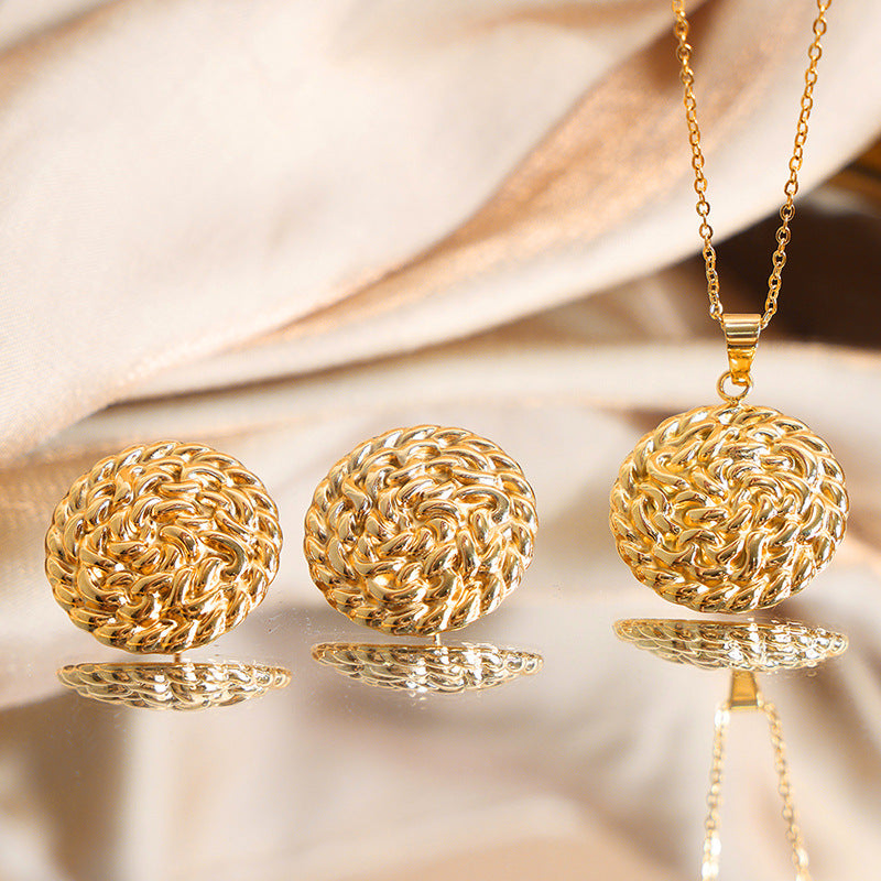 18K Gold Light Luxury Fashion Round Card Texture Design Versatile Earrings Necklace Set - Syble's