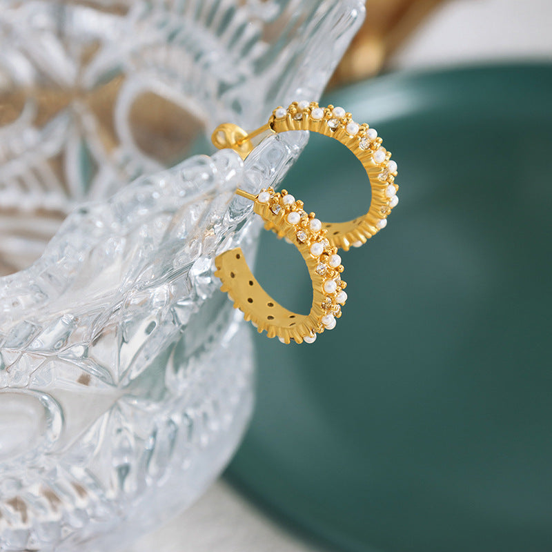 18K Gold Noble Fashion C Shape Diamond and Pearl Design Versatile Earrings - Syble's