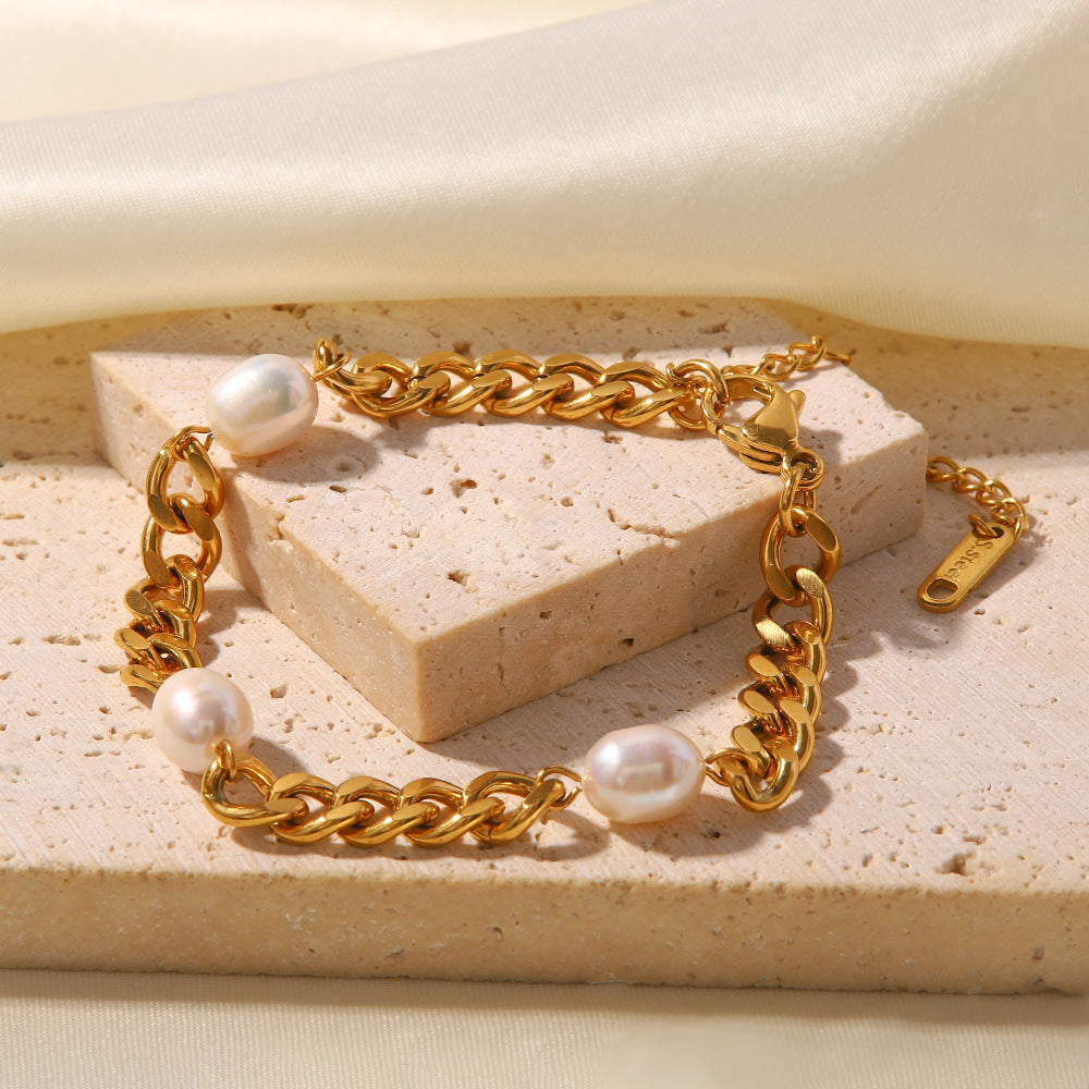 18K Gold Inlaid Three Pearls Fashion Simple Bracelet - Syble's