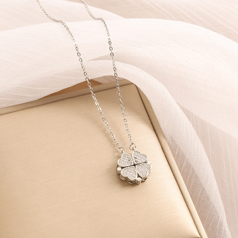 Noble and fashionable heart-to-heart four-leaf clover inlaid with zircon, a two-wear design simple style necklace - Syble's