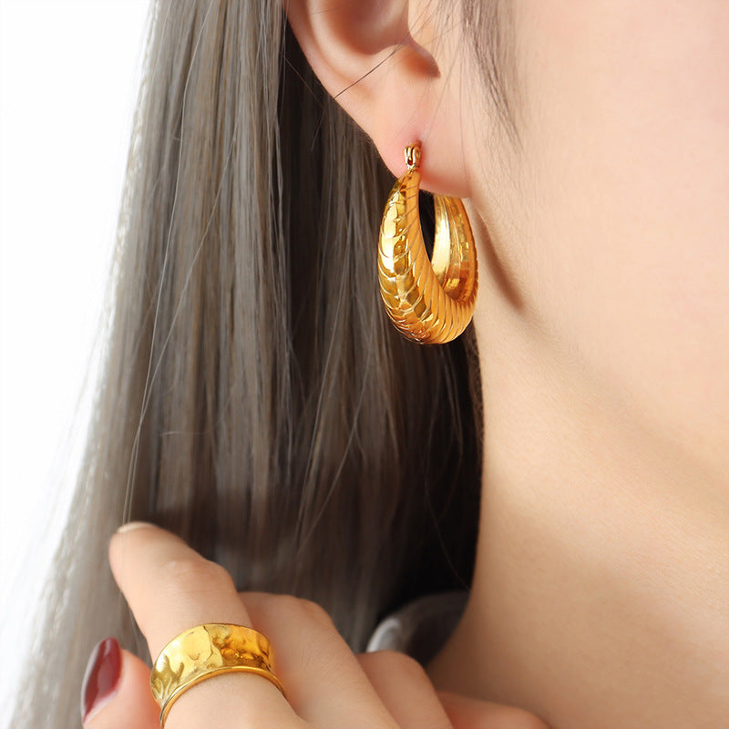 18K Gold Classic Fashion Round Thread Design Versatile Earrings - Syble's