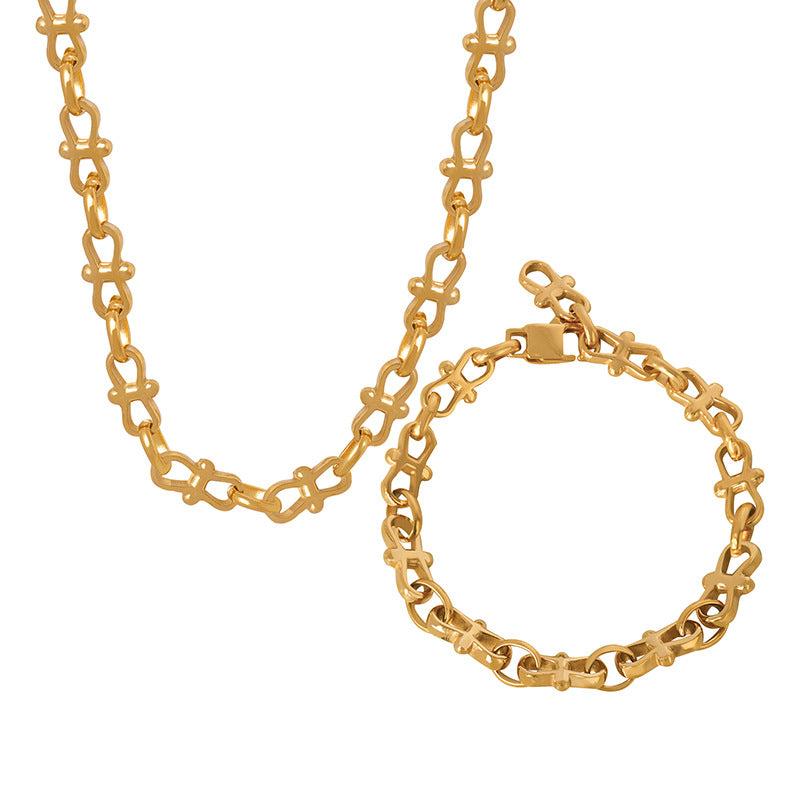 18K gold trendy fashionable 8-character stitching thick chain design bracelet necklace set