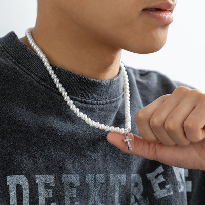 Fashionable simple hip-hop style diamond cross with pearl pendant necklace - Syble's