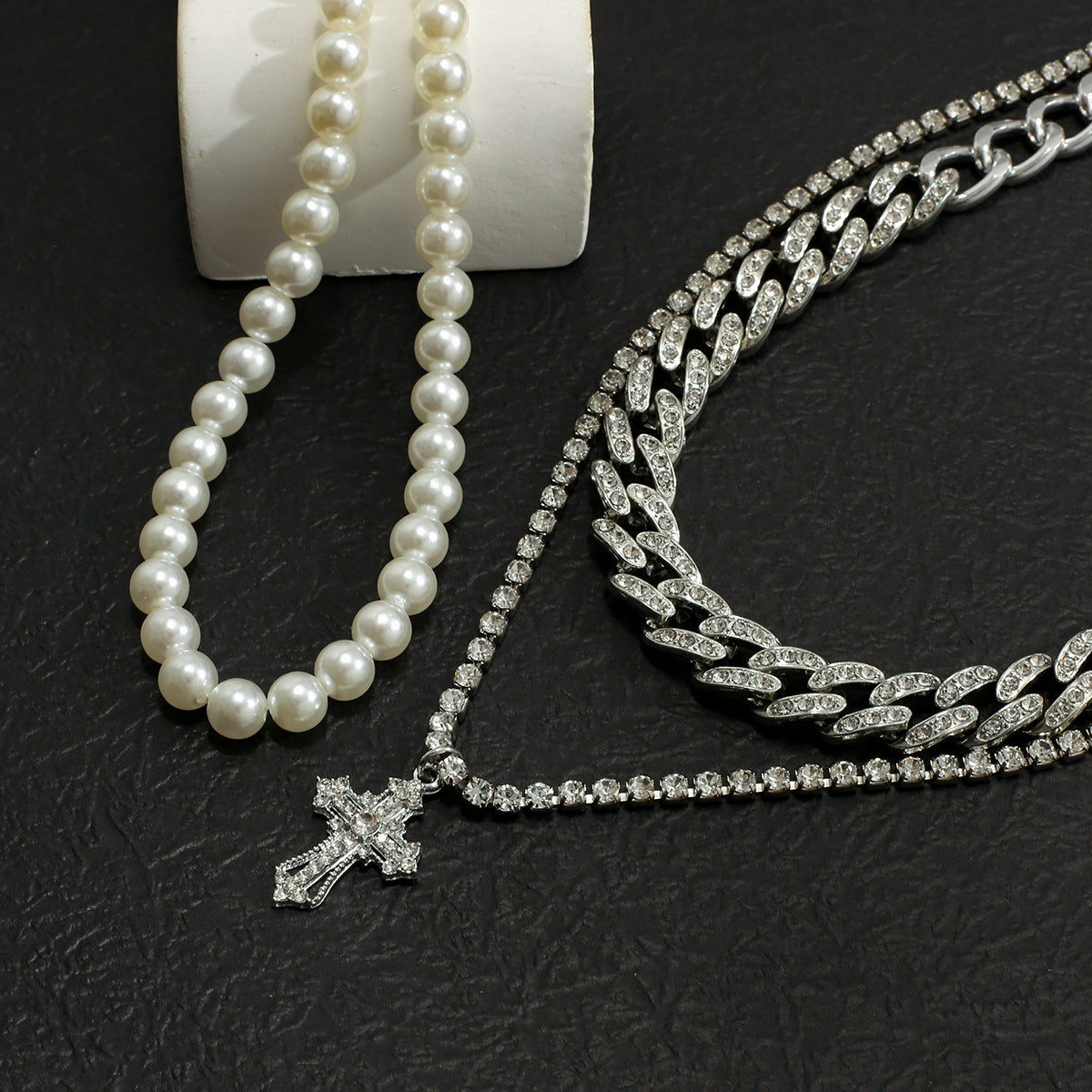 Trendy and fashionable pearls with Cuban chain and cross-studded diamond multi-layer design versatile necklace - Syble's