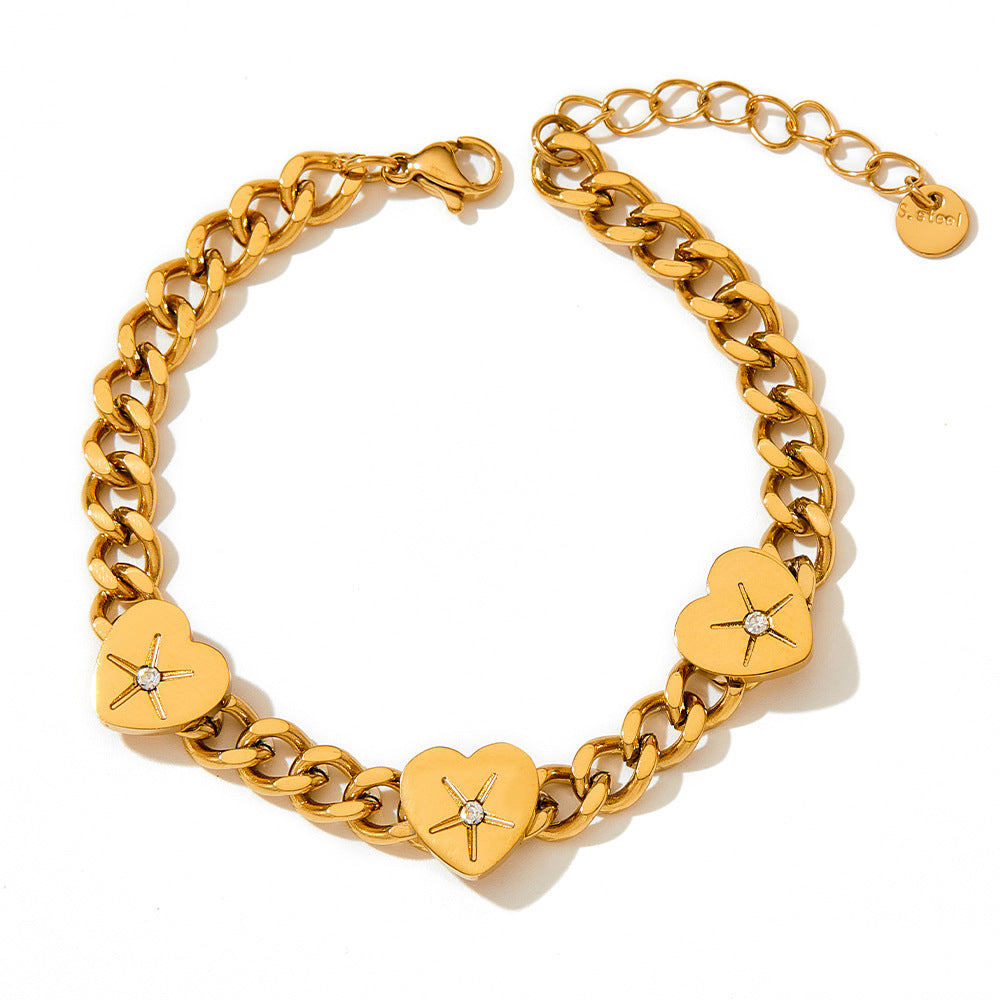 18K gold trendy and fashionable heart-set diamond and Cuban chain design bracelet - Syble's