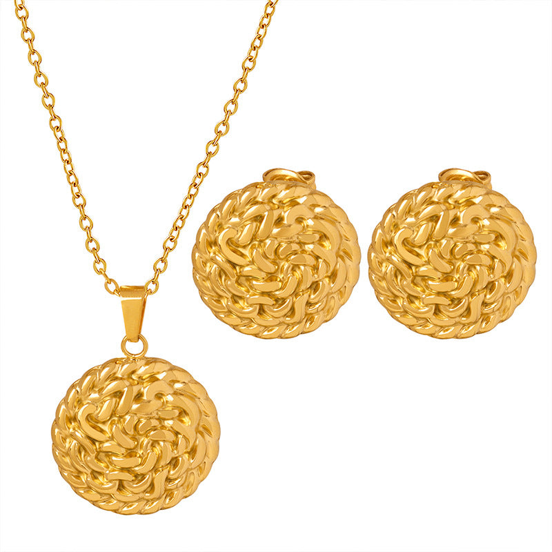 18K Gold Noble Fashion Round Card Texture Embossed Design Light Luxury Style Earrings Necklace Set
