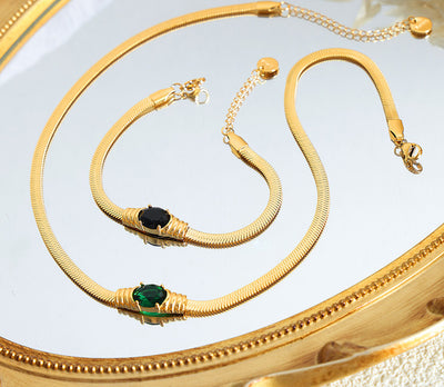 gold classic vintage inlaid zircon design bracelet necklace set - Syble's