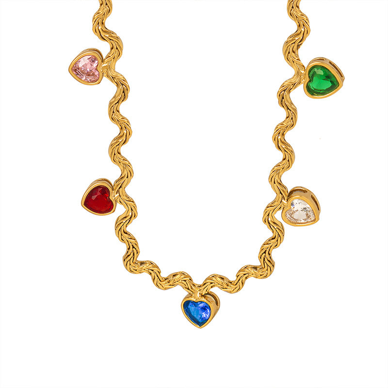 18K gold trendy personalized wave chain with heart-shaped inlaid colorful zircon design versatile necklace - Syble's