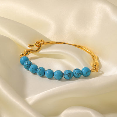 Natural Pearl/Blue Turquoise Light Luxury Vintage 18K Gold Inlaid Bracelet - Syble's
