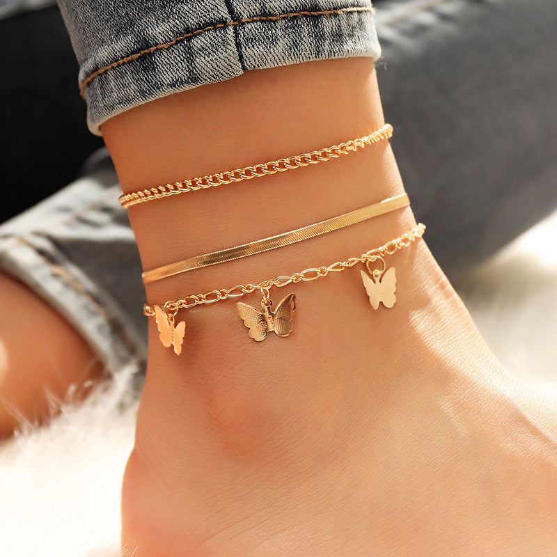 Layered Chain Butterfly Pendant Anklet Set - Syble's