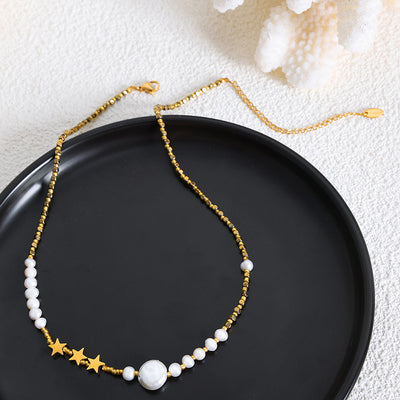 18K Gold Noble Temperament Pearl Stitching Pentagram Design Versatile Necklace - Syble's
