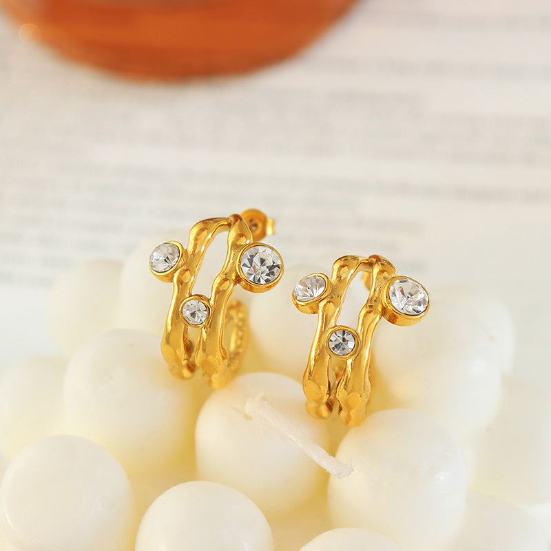 18K gold light luxury fashion C-shaped hollow inlaid zircon design simple wind earrings - Syble's
