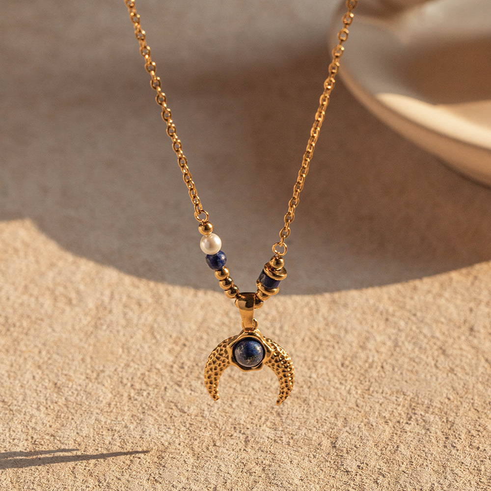 18K Gold Exquisite Simple Inlaid Pearl Lapis Lazuli Horn Design Pendant Necklace