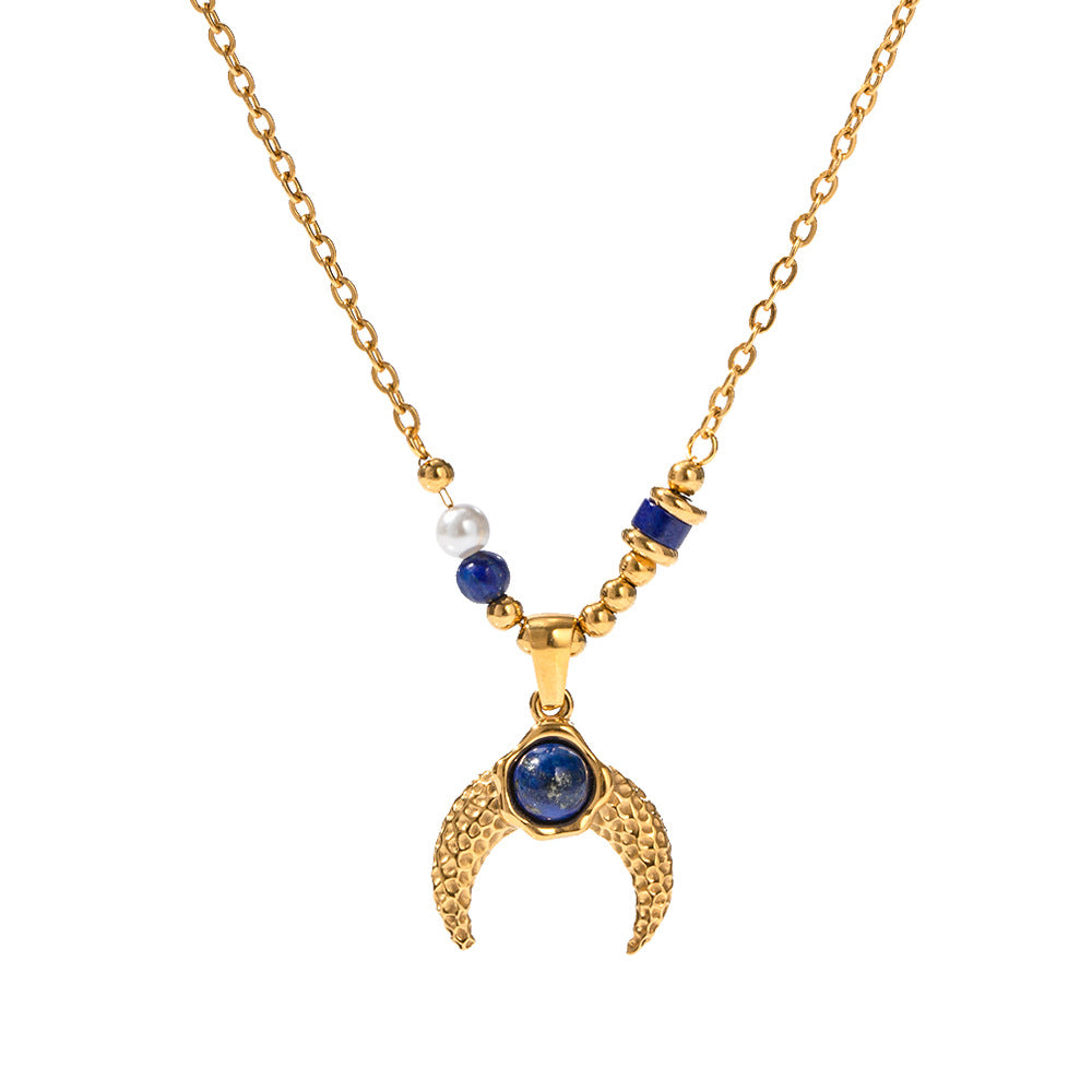 18K Gold Exquisite Simple Inlaid Pearl Lapis Lazuli Horn Design Pendant Necklace - Syble's
