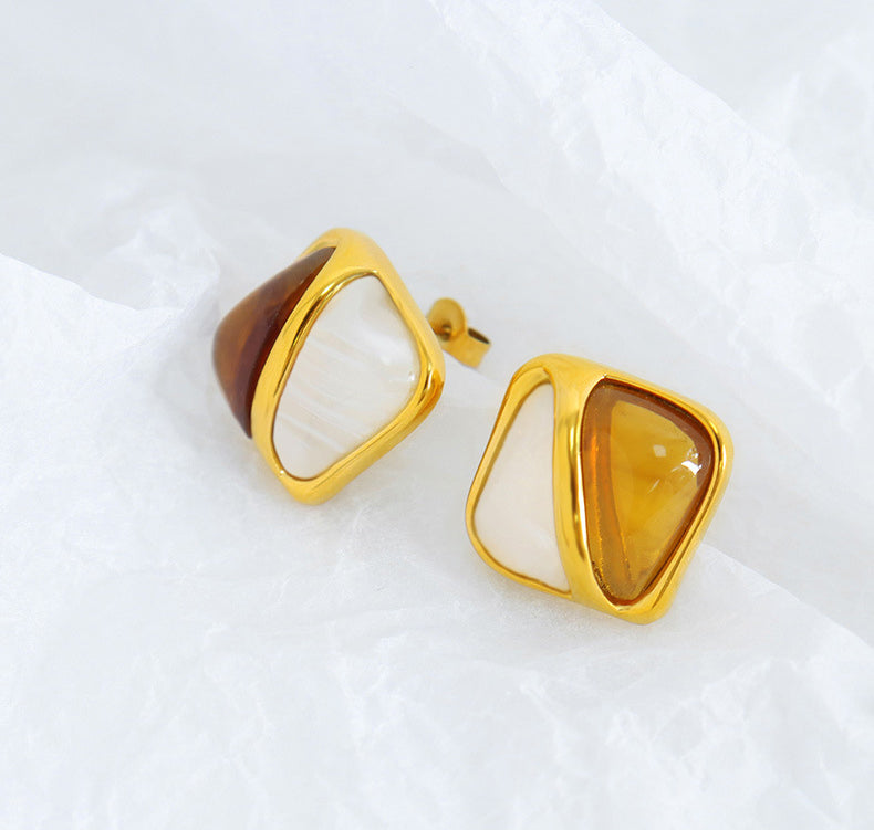 18K Gold Retro Fashion Square Inlaid Gemstone Design Light Luxury Style Earrings - Syble's