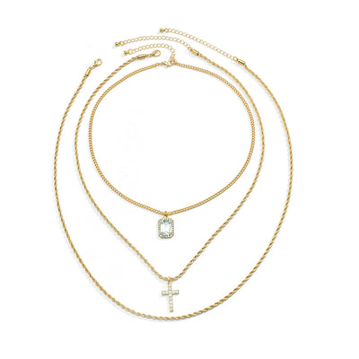 18K gold three-layer stacked with cross design hip-hop necklace - Syble's