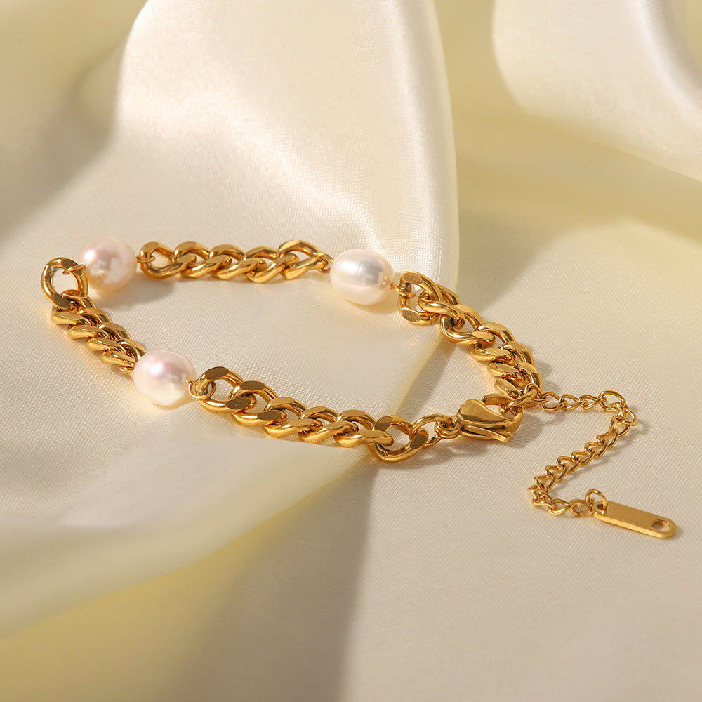18K Gold Inlaid Three Pearls Fashion Simple Bracelet - Syble's