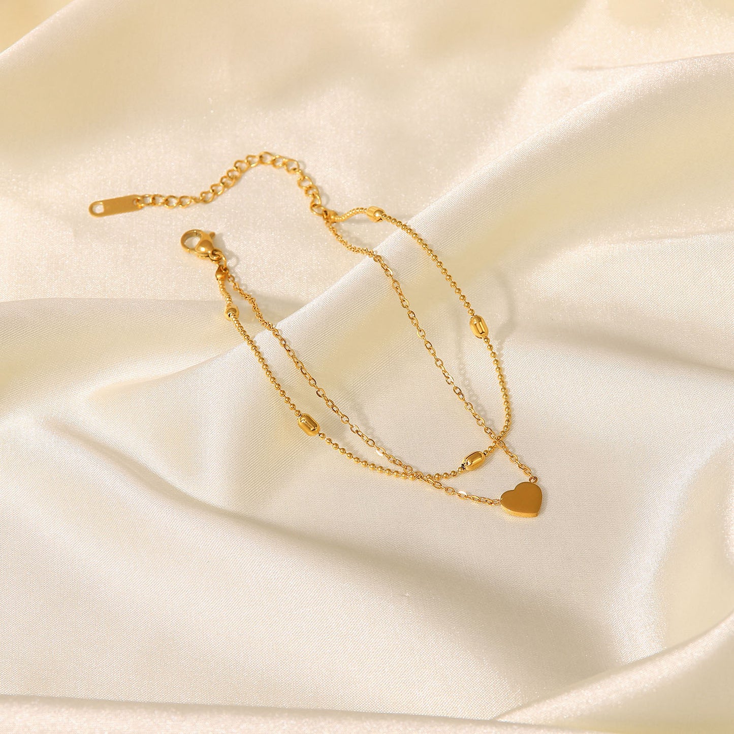 18K Gold Fashionable Exquisite Heart Pendant with Oval Bead Chain Double Layer Versatile Anklet