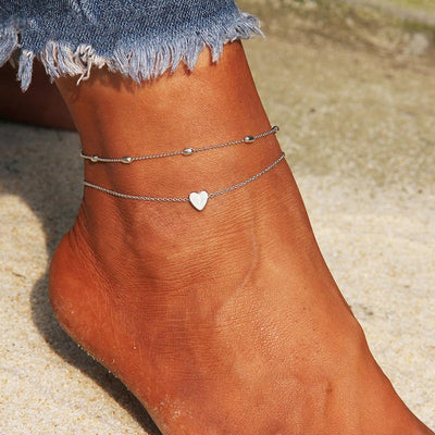 18K gold novel and fashionable double-layered beach style anklet with love design - Syble's