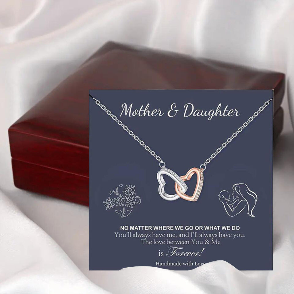 Two-Tone Diamond Paved Heart-to-Heart Double Links Gift Box Necklace for Mom or Daughter - Syble's