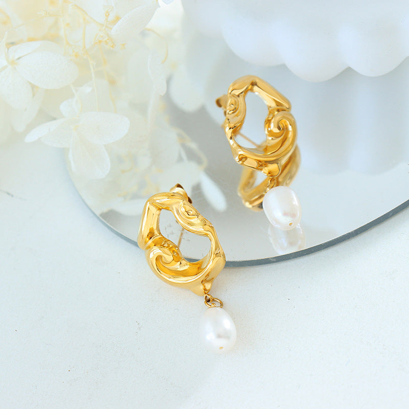 18K Gold Fashion Personality Symmetrical Geometric Texture Matching Pearl Design Versatile Earrings - Syble's