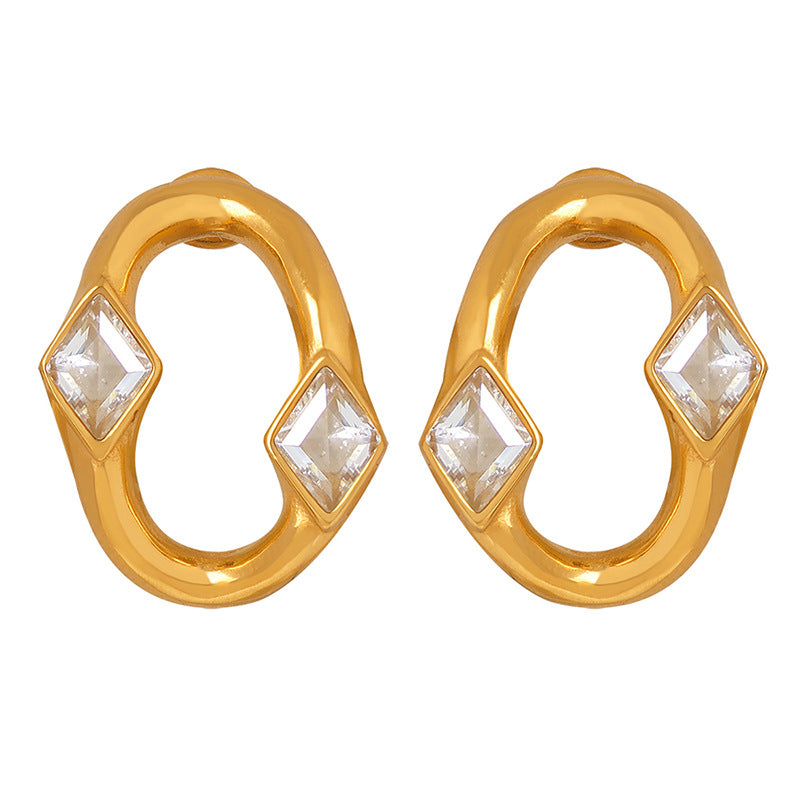 18K gold trendy personality irregular oval inlaid zircon design all-match earrings - Syble's